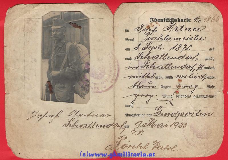 Identitätskarte Josef Artner Schattendorf 1923! - 1. Republik!