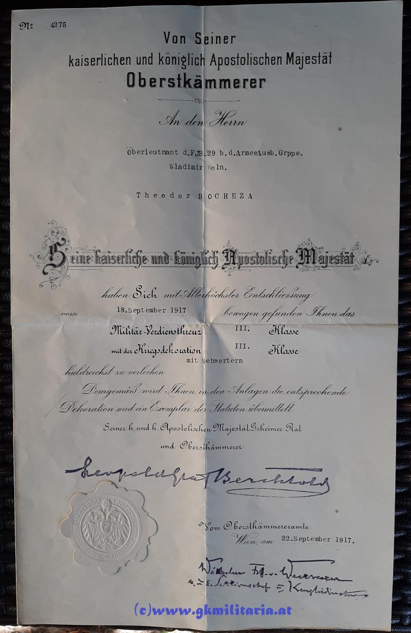 Verleihungsurkunde k.u.k. Militärverdienstkreuz 3. Klasse m. KD u. Schwertern  für Oblt. d. FJB. Nr. 29 (Monfalcone)  T. Bocheza!