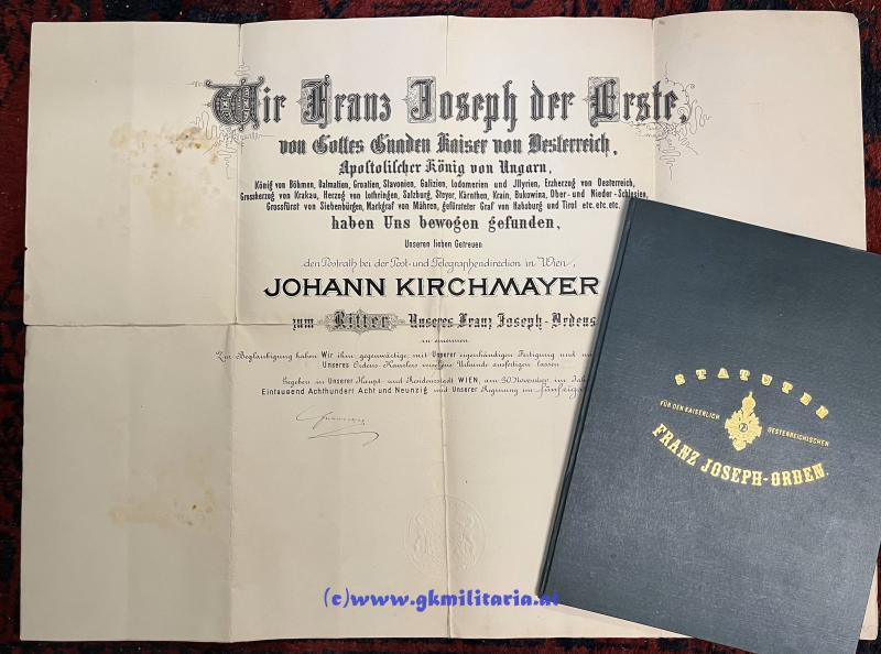 Große k.u.k. Verleihungsurkunde Ritterkreuz Kaiser Franz Joseph-Orden + Statuten!! 1898!!