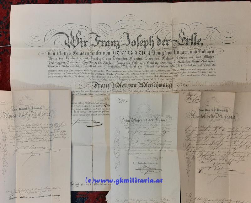 Urkundennachlass k.u.k. Oberst u. Kmdt. Inf. Reg. EH Ludwig Viktor Nr. 65 Franz Adler von Adlerschwung - Oberstpatent 1860 usw.!!