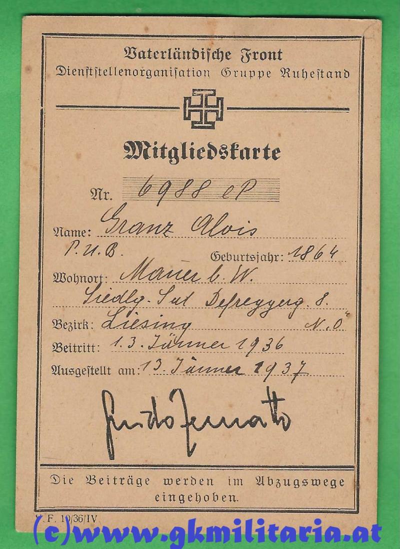 Mitgliedskarte Vaterländische Front - Dienststellenorganisation Gruppe Ruhestand !!
