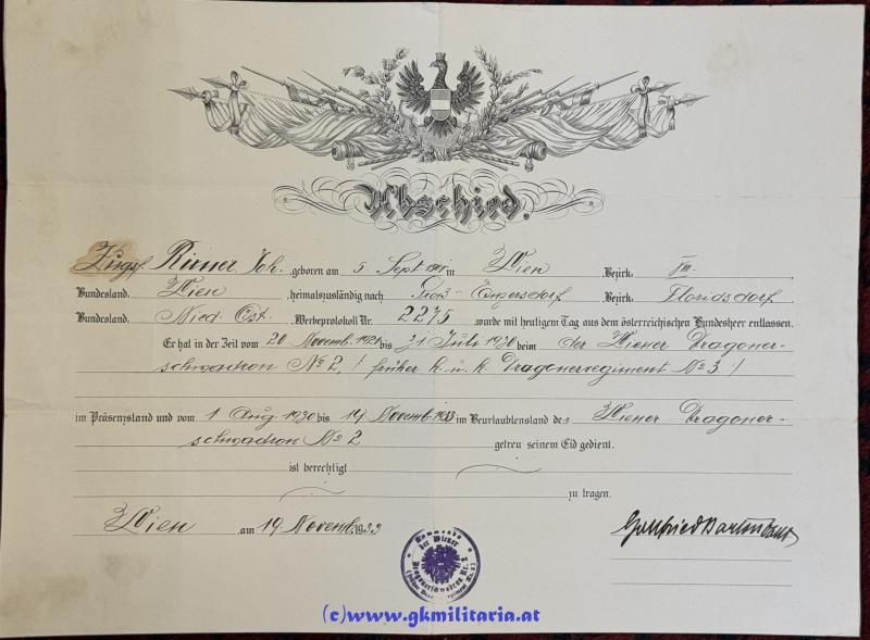 Abschied-Urkunde  Wiener Dragoner-Schwadron Nr. 2 - Bundesheer 1. Republik 1933!! - Selten!