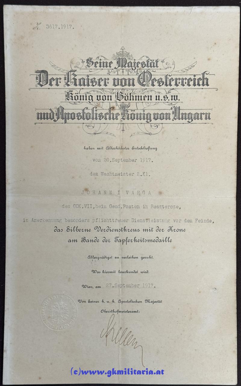 Verleihungsurkunde Silbernes Verdienstkreuz mit Krone - WM Johann Varga - Gend. Posten Besztercze!!