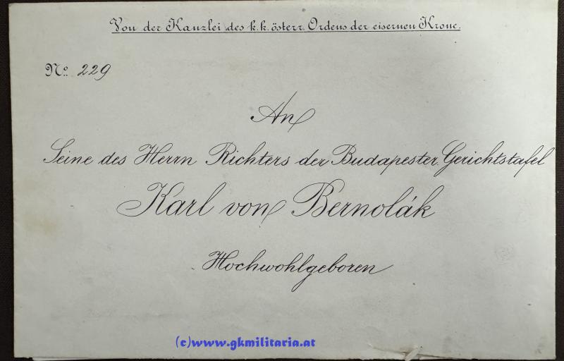 Dekretnachlass Richter der Budapester Gerichtstafel Karl von Bernolak - Verleihung Eiserne Krone III. Klasse - 1877 !!
