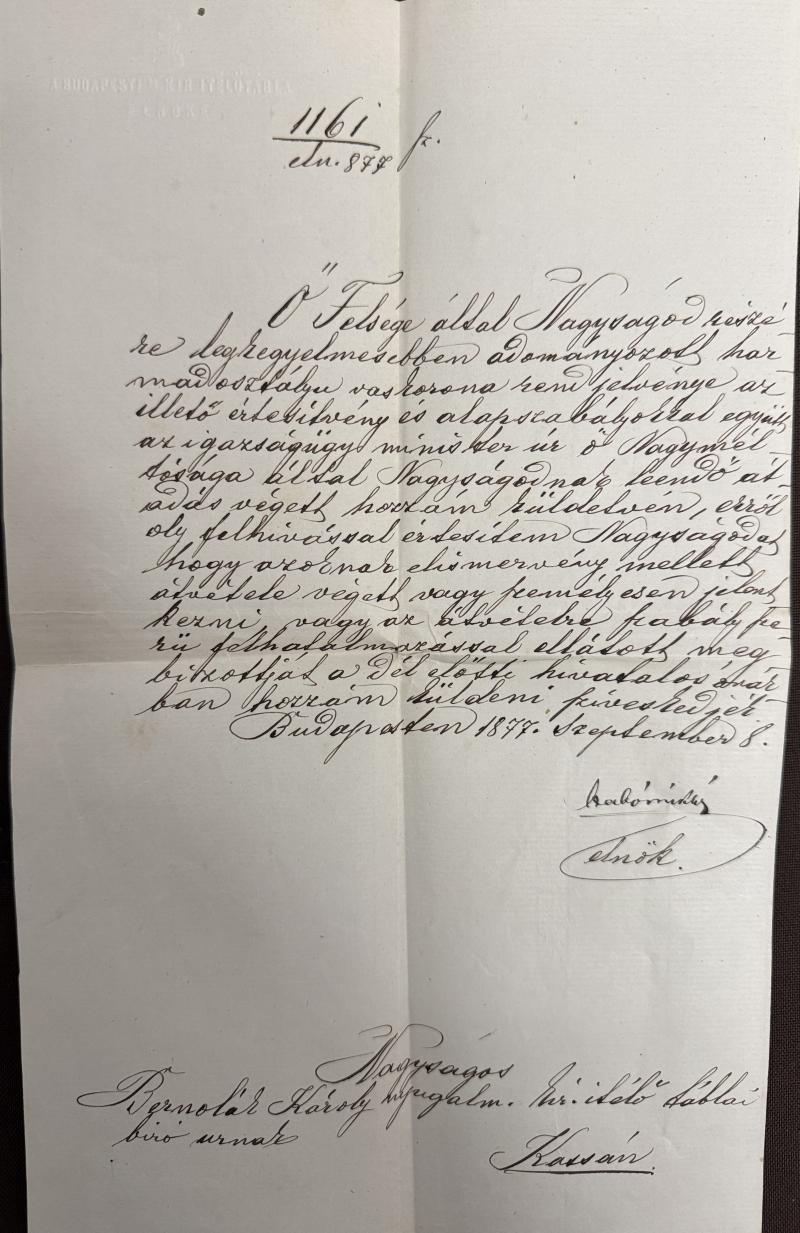Dekretnachlass Richter der Budapester Gerichtstafel Karl von Bernolak - Verleihung Eiserne Krone III. Klasse - 1877 !!