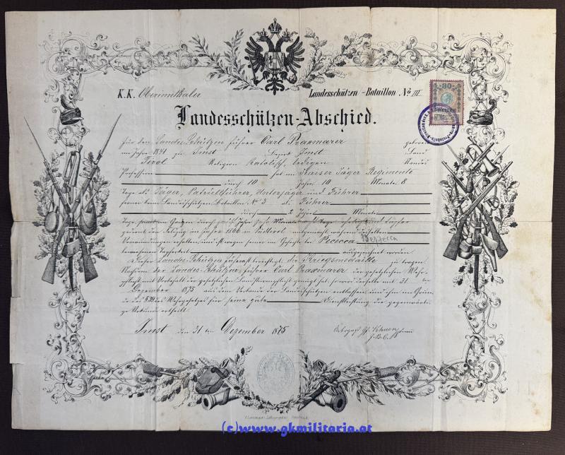 Landeschützen-Abschied - für den Landesschützen-Führer Carl Praxmarer K.K. Oberinnthaler Landeschützen-Bataillon Nr. III !!!