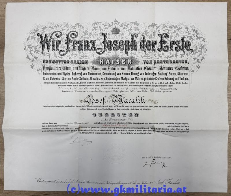 k.u.k. Urkundennachlass Generalmajor Joseph Macalik von Ivanobran Festungartillerieregiment Edler von Kollarz Nr.6!!