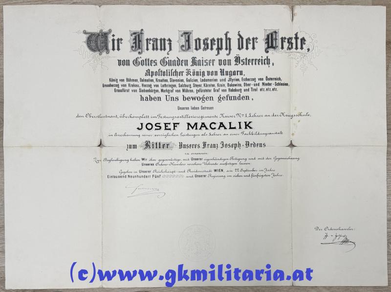 k.u.k. Urkundennachlass Generalmajor Joseph Macalik von Ivanobran Festungartillerieregiment Edler von Kollarz Nr.6!!