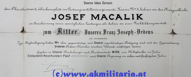 k.u.k. Urkundennachlass Generalmajor Joseph Macalik von Ivanobran Festungartillerieregiment Edler von Kollarz Nr.6!!