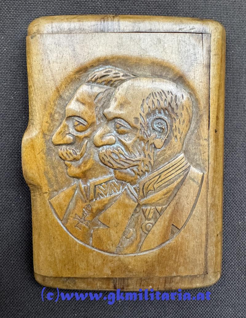 k.u.k. Patriotische Zigarettendose Kaiser Franz Joseph I./Kaiser Wilhelm II. - geschnitzt!!