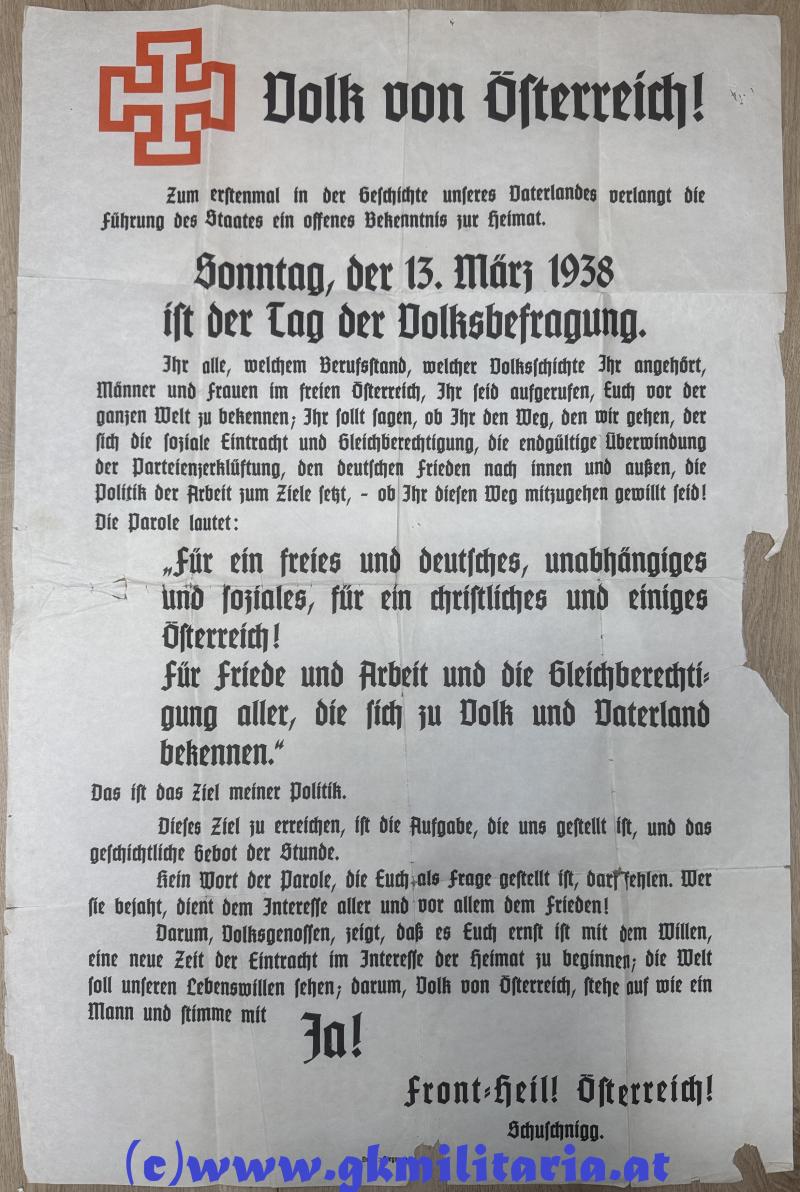Plakat Vaterländische Front  - Volksabstimmung 13. März 1938! - BK Dr. Schuschnigg!