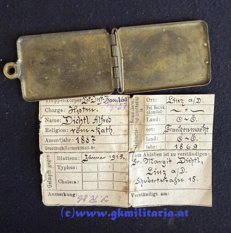 k.u.k. Legitimationskapsel Hptm. Alfred Dichtl Ldst. Inf.-Baon 169/Ldw. Inf. Reg. 31/Inf. Reg. 86 !!