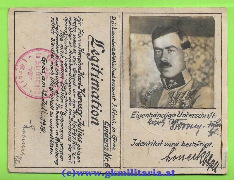 D.Ö. Legitimation für Hauptmann Karl Julius Korossy Volkswehr - Grenzschutz gegen SHS-Truppen - Abwehrkampf 1919/20