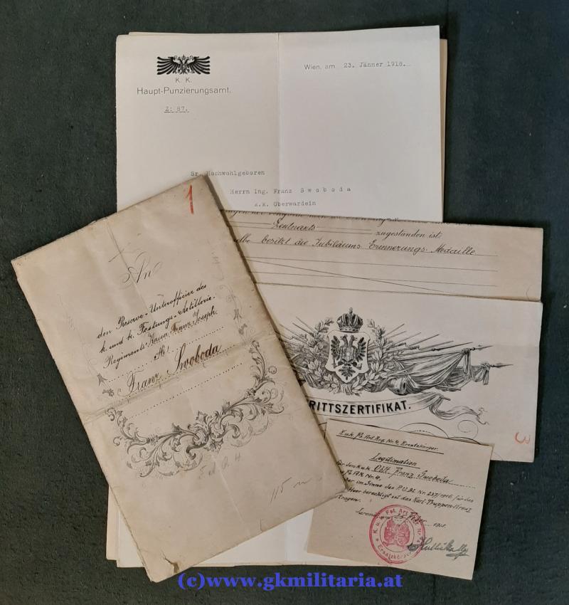 k.u.k. Urkunden-Nachlass des k.k. Leutnants Franz Swoboda k.u.k. Festungs-Artillerie-Regiment Kaiser Nr.1/Festungs-Artillerie-Reg. 4 + Urkunden Bergrat/Punzierungsamt!