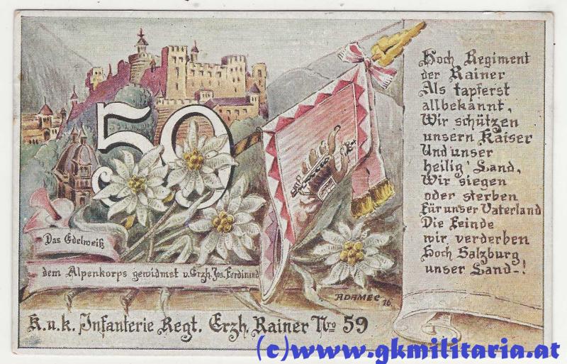Regimentskarte - k.u.k. Infanterie Regiment Erzherzog RAINER Nr. 59 !!