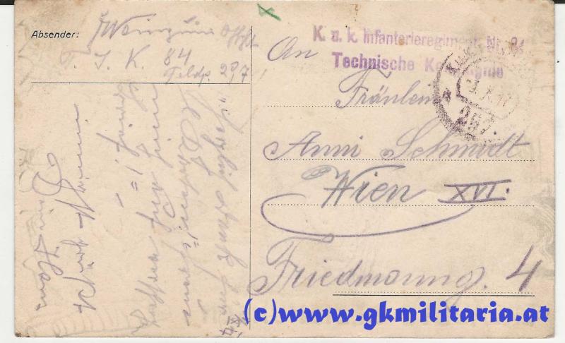 Karte k.u.k. Infanterie-Regiment Freiherr von Bolfras Nr. 84 -