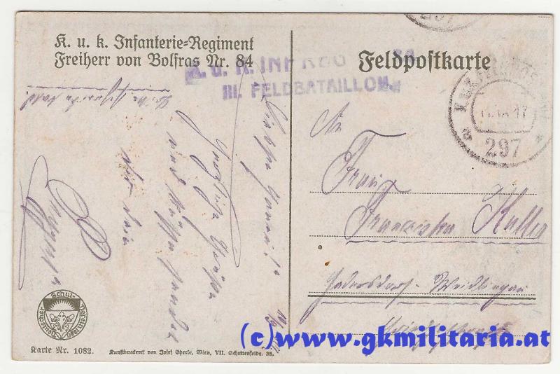 Karte k.u.k. Infanterie-Regiment Freiherr von Bolfras Nr. 84 -