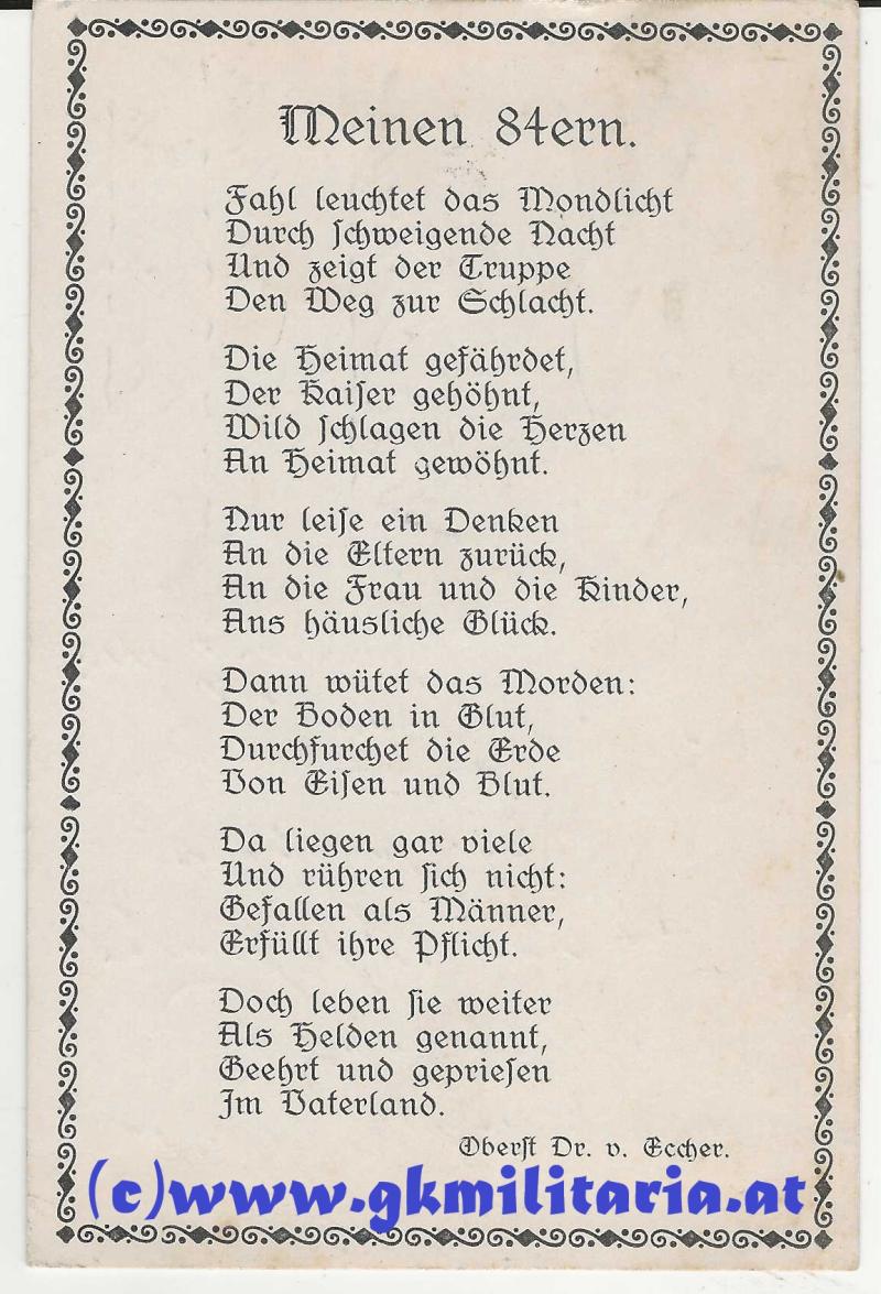 Karte k.u.k. Infanterie-Regiment Freiherr von Bolfras Nr. 84 - 