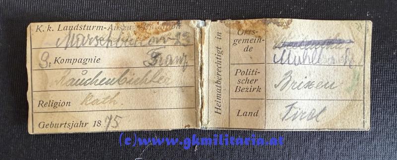 k.k. Legitimationskapsel Ldst.-Soldat Franz RAUCHENBICHLER - Landsturm-Auszugs-Baon/Marschbataillon Nr.23 -