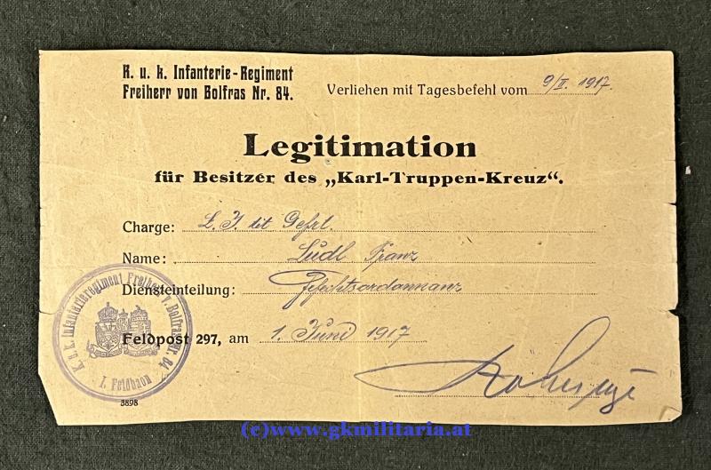 k.u.k. Legitimation k.u.k. Infanterie-Regiment Freiherr von Bolfras Nr. 84 - Karl Truppenkreuz