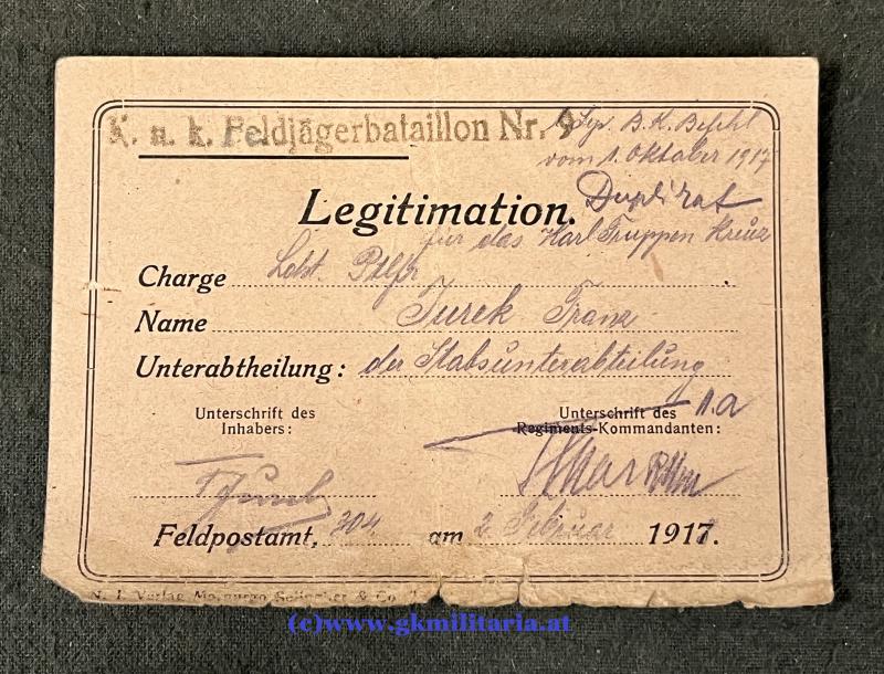 k.u.k. Legitimation Karl Truppenkreuz Ldst. Patrouillenführer Turek Franz k.u.k. Feldjägerbataillon Nr. 9 Köttschach!