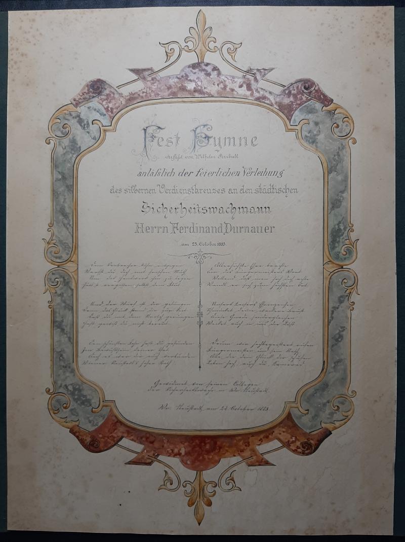 k.u.k. Schmuckurkunde Sicherheitswachmann F. Durnauer Sicherheitswache Wr. Neustadt - Silbernes Verdienstkreuz - 1883 !!