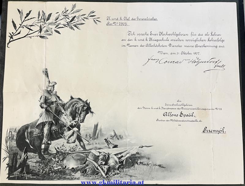 k.u.k. Anerkennungsurkunde f. Hptm. Alfons Spacil - Original Signatur Fmlt. Conrad v. Hötzendorf! - Artillerie Przemysl!