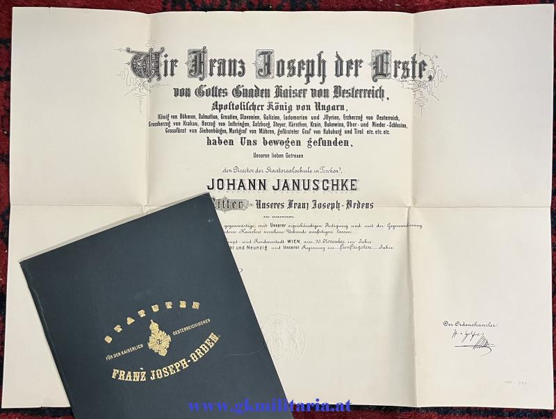 Große k.u.k. Verleihungsurkunde Ritterkreuz Kaiser Franz Joseph-Orden + Statuten!! TESCHEN!!