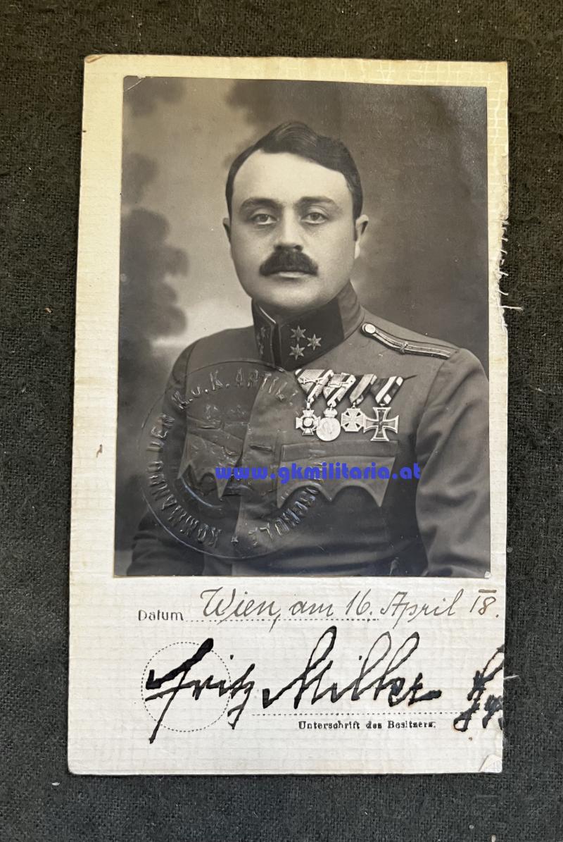 k.u.k. Identitätskarte 1918 - Hauptmann Friedrich Miller schwere Festungs-Artillerie-Regiment Nr. 7