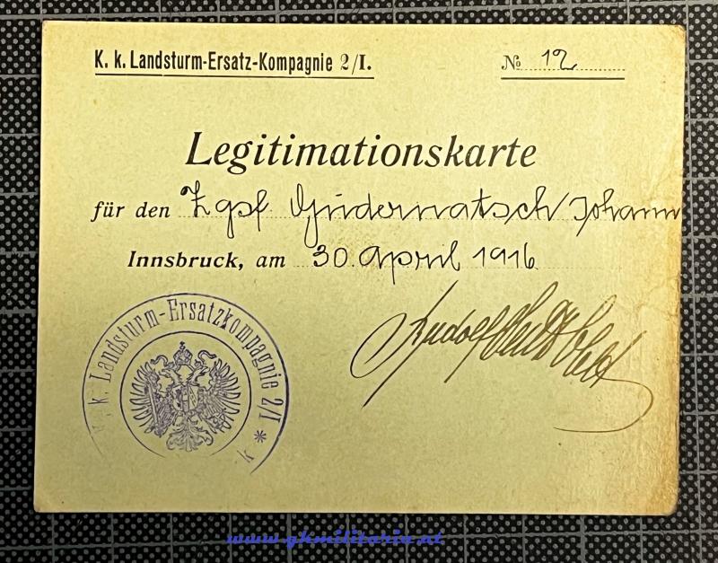 k.u.k. Legitimation Zgsf. Gudernatsch Johann - k.k. Landsturm-Ersatz-Komp. 2./I. Innsbruck !!