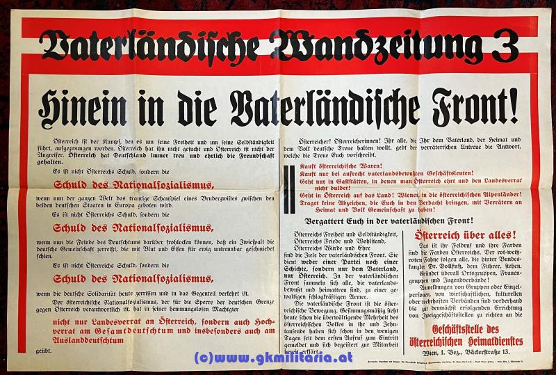 großes Plakat Vaterländische Wandzeitung 3 - 1934 - Hinein in die Vaterländische Front! Österr. Heimatschutz!